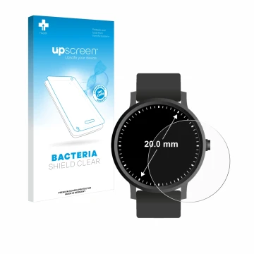 Vorderseite einer Produktverpackung mit dem Markenlogo upscreen. Daneben ist das Gerät Armbanduhren (Kreisrund, ø: 20 mm) mit 