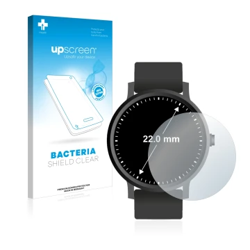 Vorderseite einer Produktverpackung mit dem Markenlogo upscreen. Daneben ist das Gerät Armbanduhren (Kreisrund, ø: 22 mm) mit 