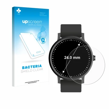 Vorderseite einer Produktverpackung mit dem Markenlogo upscreen. Daneben ist das Gerät Armbanduhren (Kreisrund, ø: 24 mm) mit 