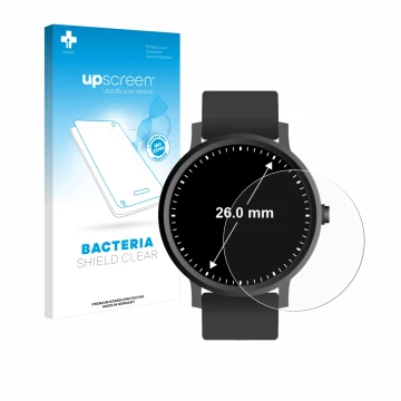 Vorderseite einer Produktverpackung mit dem Markenlogo upscreen. Daneben ist das Gerät Armbanduhren (Kreisrund, ø: 26 mm) mit 