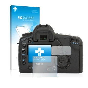 Vorderseite einer Produktverpackung mit dem Markenlogo upscreen. Daneben ist das Gerät Canon EOS 5D mit dem zugehörigen Displa