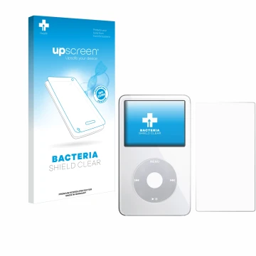 Vorderseite einer Produktverpackung mit dem Markenlogo upscreen. Daneben ist das Gerät Apple iPod Classic Video (Display+Rücks