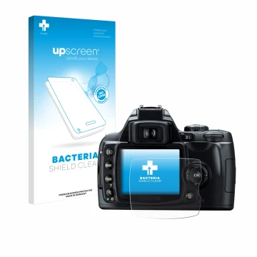 Vorderseite einer Produktverpackung mit dem Markenlogo upscreen. Daneben ist das Gerät Nikon D40 mit dem zugehörigen Displaysc