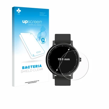 Vorderseite einer Produktverpackung mit dem Markenlogo upscreen. Daneben ist das Gerät Armbanduhren (Kreisrund, ø: 19 mm) mit 