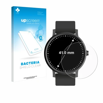 Vorderseite einer Produktverpackung mit dem Markenlogo upscreen. Daneben ist das Gerät Armbanduhren (Kreisrund, ø: 41 mm) mit 