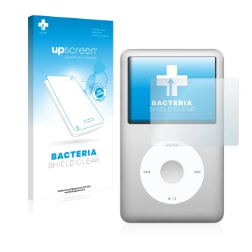 Vorderseite einer Produktverpackung mit dem Markenlogo upscreen. Daneben ist das Gerät Apple iPod Classic (6. Gen.) mit dem zu