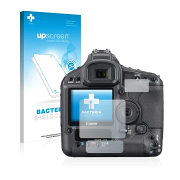 Vorderseite einer Produktverpackung mit dem Markenlogo upscreen. Daneben ist das Gerät Canon EOS 1Ds Mark III mit dem zugehöri