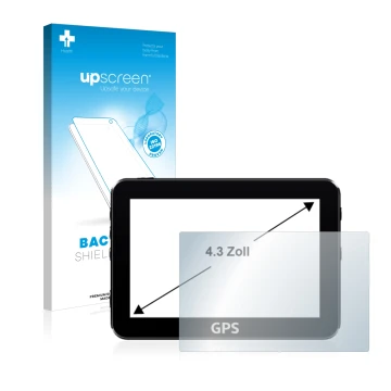 Vorderseite einer Produktverpackung mit dem Markenlogo upscreen. Daneben ist das Gerät mit dem zugehörigen Displayschutz abgeb