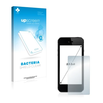 Vorderseite einer Produktverpackung mit dem Markenlogo upscreen. Daneben ist das Gerät mit dem zugehörigen Displayschutz abgeb