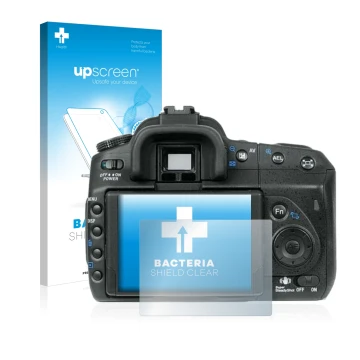 Vorderseite einer Produktverpackung mit dem Markenlogo upscreen. Daneben ist das Gerät Sony Alpha 350 (DSLR-A350) mit dem zuge