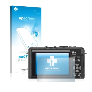 Vorderseite einer Produktverpackung mit dem Markenlogo upscreen. Daneben ist das Gerät Panasonic Lumix DMC-LX3 mit dem zugehör