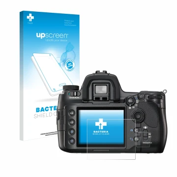 Vorderseite einer Produktverpackung mit dem Markenlogo upscreen. Daneben ist das Gerät Sony Alpha 900 (DSLR-A900) mit dem zuge