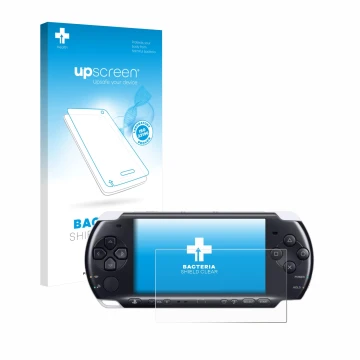 Vorderseite einer Produktverpackung mit dem Markenlogo upscreen. Daneben ist das Gerät Sony PSP 3000 mit dem zugehörigen Displ