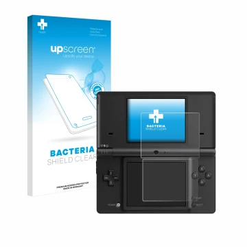 Vorderseite einer Produktverpackung mit dem Markenlogo upscreen. Daneben ist das Gerät Nintendo DSi mit dem zugehörigen Displa