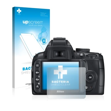 Vorderseite einer Produktverpackung mit dem Markenlogo upscreen. Daneben ist das Gerät Nikon D3000 mit dem zugehörigen Display