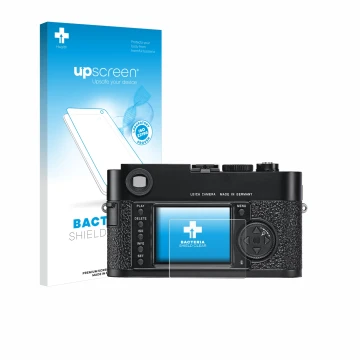 Vorderseite einer Produktverpackung mit dem Markenlogo upscreen. Daneben ist das Gerät Leica M9 mit dem zugehörigen Displaysch