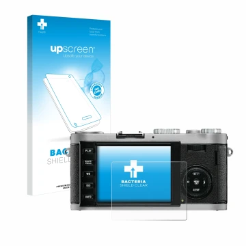 Vorderseite einer Produktverpackung mit dem Markenlogo upscreen. Daneben ist das Gerät Leica X1 mit dem zugehörigen Displaysch