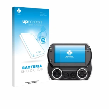 Vorderseite einer Produktverpackung mit dem Markenlogo upscreen. Daneben ist das Gerät Sony PSP Go mit dem zugehörigen Display