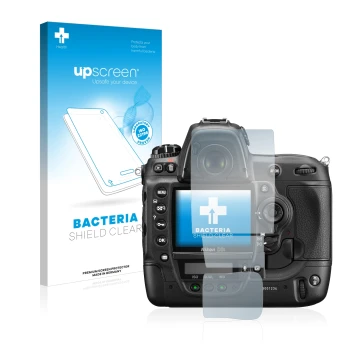 Vorderseite einer Produktverpackung mit dem Markenlogo upscreen. Daneben ist das Gerät Nikon D3S mit dem zugehörigen Displaysc