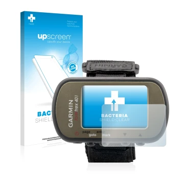 Vorderseite einer Produktverpackung mit dem Markenlogo upscreen. Daneben ist das Gerät Garmin Foretrex 401 mit dem zugehörigen