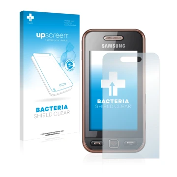 Vorderseite einer Produktverpackung mit dem Markenlogo upscreen. Daneben ist das Gerät Samsung GT-S5230 mit dem zugehörigen Di