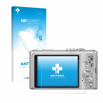 Vorderseite einer Produktverpackung mit dem Markenlogo upscreen. Daneben ist das Gerät Panasonic Lumix DMC-TZ10 mit dem zugehö