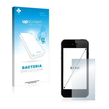 Vorderseite einer Produktverpackung mit dem Markenlogo upscreen. Daneben ist das Gerät mit dem zugehörigen Displayschutz abgeb