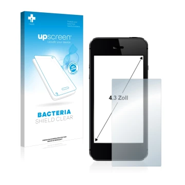 Vorderseite einer Produktverpackung mit dem Markenlogo upscreen. Daneben ist das Gerät mit dem zugehörigen Displayschutz abgeb