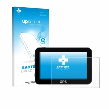Vorderseite einer Produktverpackung mit dem Markenlogo upscreen. Daneben ist das Gerät mit dem zugehörigen Displayschutz abgeb
