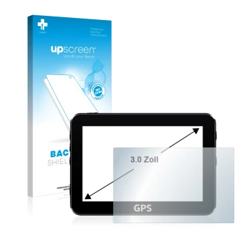 Vorderseite einer Produktverpackung mit dem Markenlogo upscreen. Daneben ist das Gerät mit dem zugehörigen Displayschutz abgeb