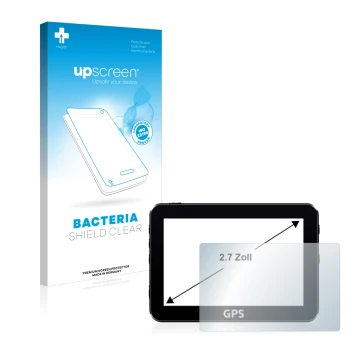 Vorderseite einer Produktverpackung mit dem Markenlogo upscreen. Daneben ist das Gerät mit dem zugehörigen Displayschutz abgeb