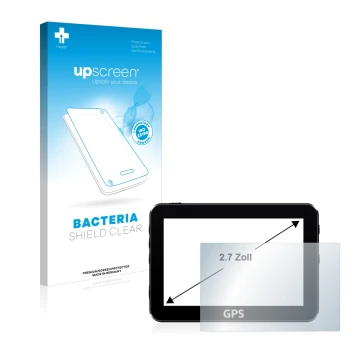 Vorderseite einer Produktverpackung mit dem Markenlogo upscreen. Daneben ist das Gerät mit dem zugehörigen Displayschutz abgeb