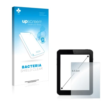 Vorderseite einer Produktverpackung mit dem Markenlogo upscreen. Daneben ist das Gerät mit dem zugehörigen Displayschutz abgeb