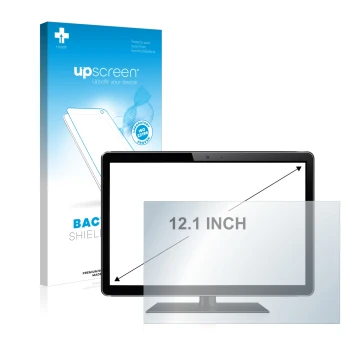 Vorderseite einer Produktverpackung mit dem Markenlogo upscreen. Daneben ist das Gerät mit dem zugehörigen Displayschutz abgeb