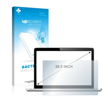 Vorderseite einer Produktverpackung mit dem Markenlogo upscreen. Daneben ist das Gerät mit dem zugehörigen Displayschutz abgeb