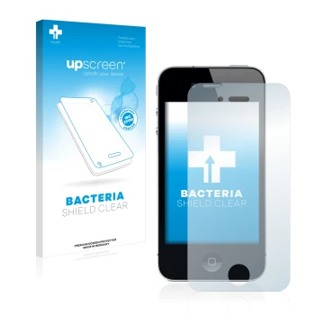 Vorderseite einer Produktverpackung mit dem Markenlogo upscreen. Daneben ist das Gerät Apple iPhone 4 mit dem zugehörigen Disp