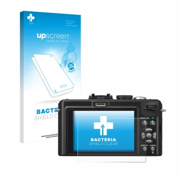 Vorderseite einer Produktverpackung mit dem Markenlogo upscreen. Daneben ist das Gerät Panasonic Lumix DMC-LX5 mit dem zugehör