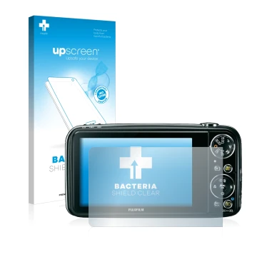 Vorderseite einer Produktverpackung mit dem Markenlogo upscreen. Daneben ist das Gerät Fujifilm FinePix Real 3D W3 mit dem zug