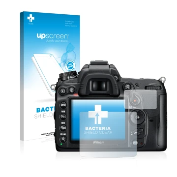 Vorderseite einer Produktverpackung mit dem Markenlogo upscreen. Daneben ist das Gerät Nikon D7000 mit dem zugehörigen Display