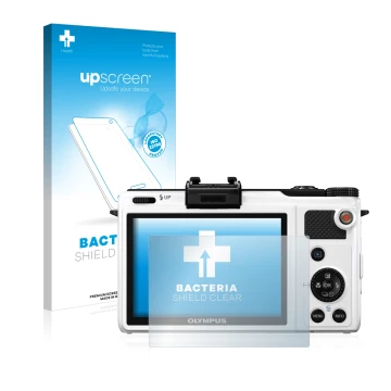 Vorderseite einer Produktverpackung mit dem Markenlogo upscreen. Daneben ist das Gerät Olympus XZ-1 mit dem zugehörigen Displa