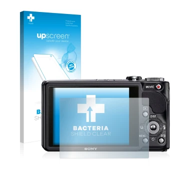 Vorderseite einer Produktverpackung mit dem Markenlogo upscreen. Daneben ist das Gerät Sony Cyber-Shot DSC-HX9V mit dem zugehö