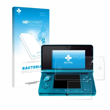 Vorderseite einer Produktverpackung mit dem Markenlogo upscreen. Daneben ist das Gerät Nintendo 3DS mit dem zugehörigen Displa