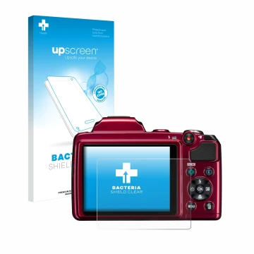 Vorderseite einer Produktverpackung mit dem Markenlogo upscreen. Daneben ist das Gerät Nikon Coolpix L120 mit dem zugehörigen 