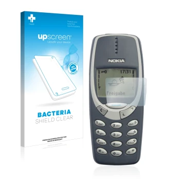 Vorderseite einer Produktverpackung mit dem Markenlogo upscreen. Daneben ist das Gerät Nokia 3310 2011 mit dem zugehörigen Dis