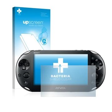 Vorderseite einer Produktverpackung mit dem Markenlogo upscreen. Daneben ist das Gerät Sony Playstation Vita mit dem zugehörig