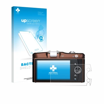 Vorderseite einer Produktverpackung mit dem Markenlogo upscreen. Daneben ist das Gerät Olympus PEN E-PM1 mit dem zugehörigen D