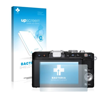 Vorderseite einer Produktverpackung mit dem Markenlogo upscreen. Daneben ist das Gerät Olympus PEN E-PL3 mit dem zugehörigen D