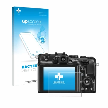 Vorderseite einer Produktverpackung mit dem Markenlogo upscreen. Daneben ist das Gerät Nikon Coolpix P7100 mit dem zugehörigen