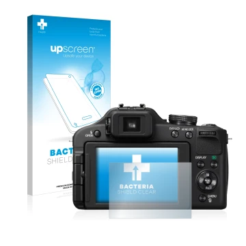 Vorderseite einer Produktverpackung mit dem Markenlogo upscreen. Daneben ist das Gerät Panasonic Lumix DMC-FZ150 mit dem zugeh