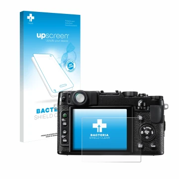 Vorderseite einer Produktverpackung mit dem Markenlogo upscreen. Daneben ist das Gerät Fujifilm FinePix X10 mit dem zugehörige